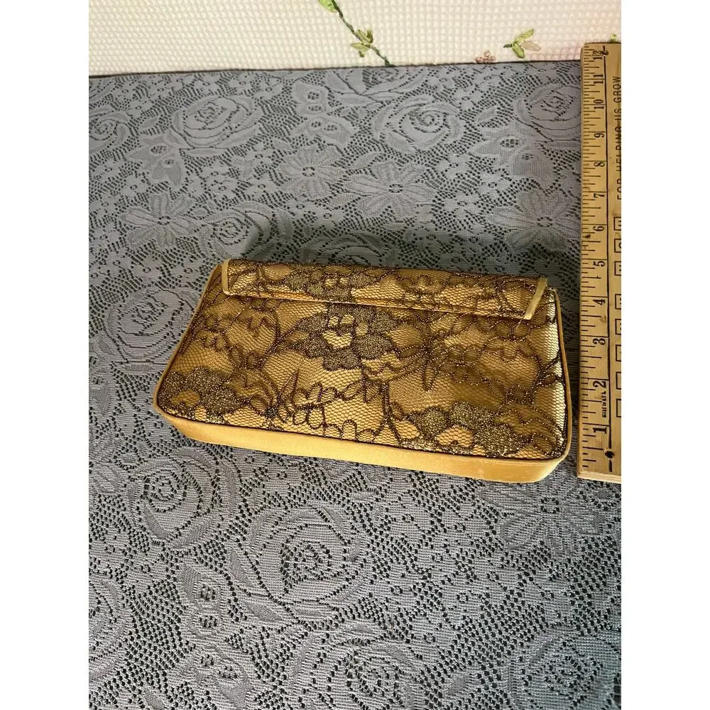 Gold Metallic Lace Evening Clutch Bag Braided Rope Strap Mirror Formal Purse
